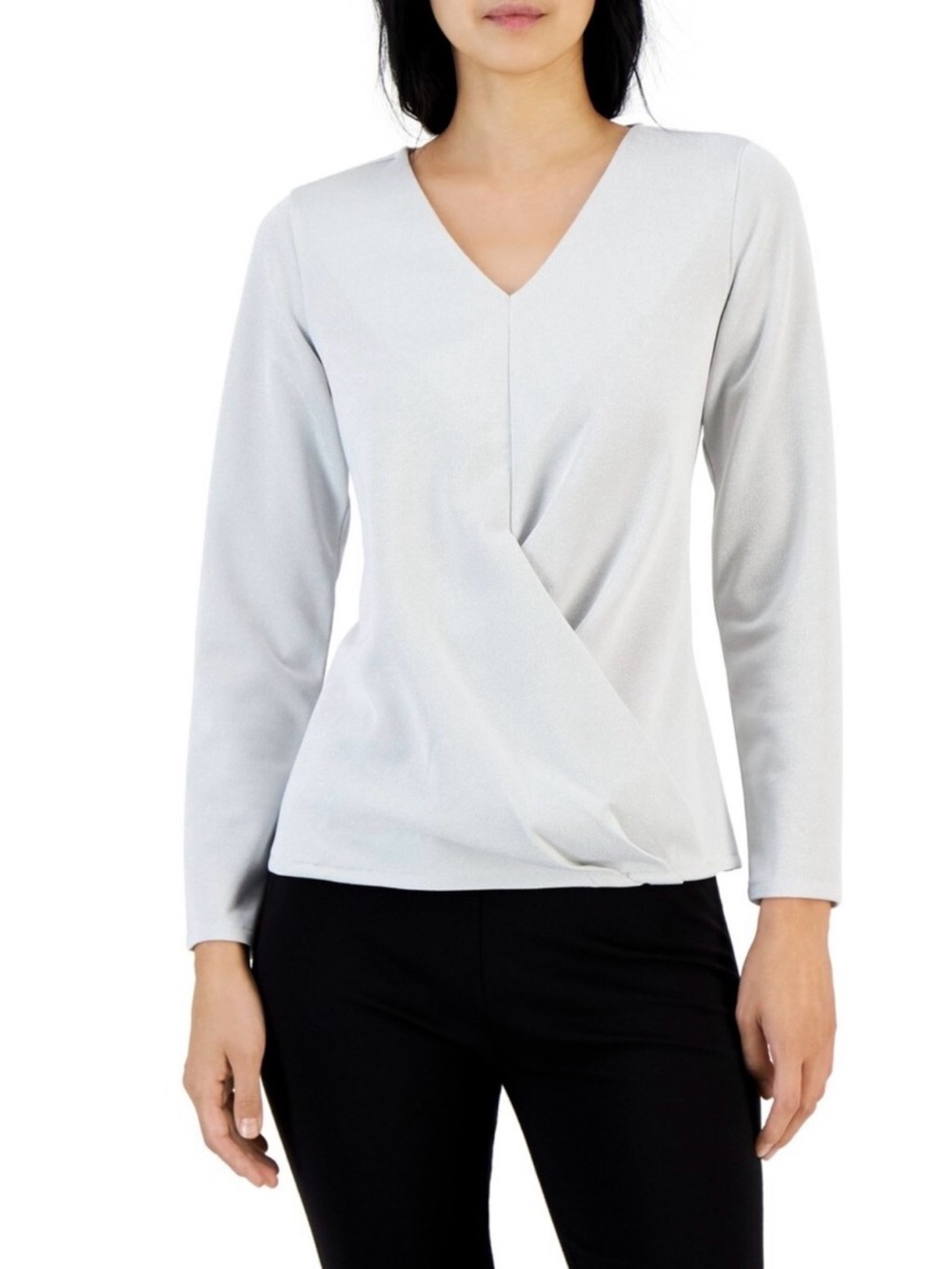 Alfani Women Blouse V-Neck Long Sleeve Wrap Front Metallic Soft White Sz L